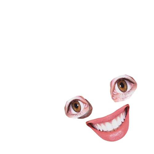 Disassembled face composed of eyes and a smiling mouth on white.