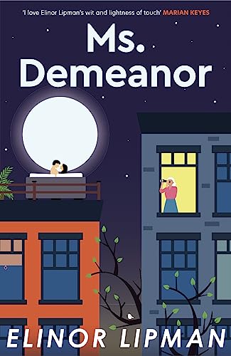 Book cover: "Ms. Demeanor" by Elinor Lipman, illustrated rooftop scene.