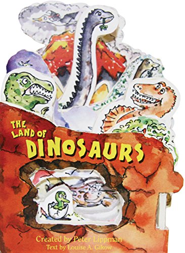 Pop-up book cover with colorful dinosaur illustrations and red terrain.