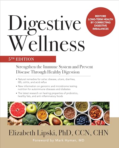 Book cover: "Digestive Wellness" fifth edition, with fruits, vegetables, and author name.