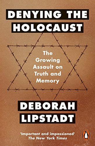 The image is a book cover with a brown background and white text. Alt text: Book cover with Star of David and title "Denying the Holocaust" by Deborah Lipstadt.