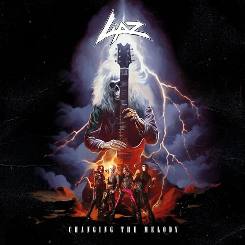 CD cover: skeleton playing guitar with band in stormy, fiery landscape.