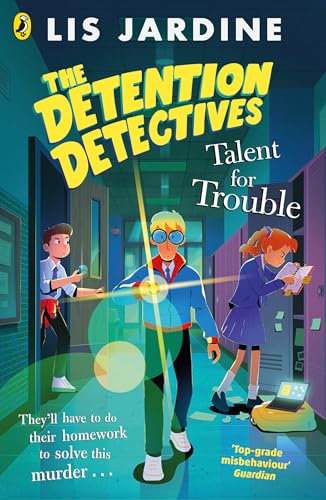 Book cover: three young detectives in a school hallway, illustrated.