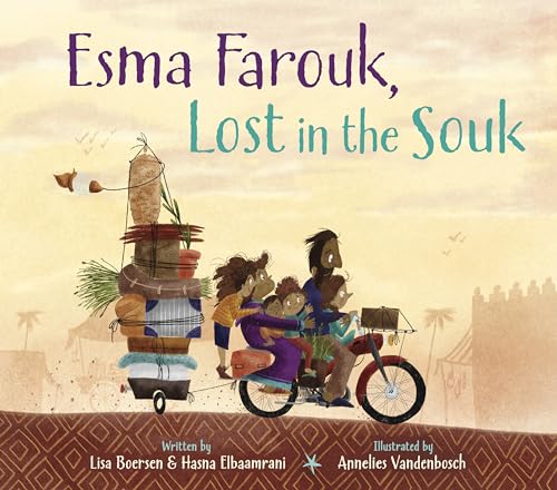 Book cover: family on a bicycle in a bustling marketplace scene.