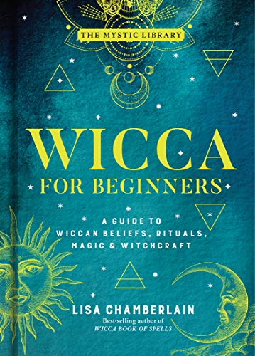 Book cover for "Wicca For Beginners" with sun, moon, and geometric symbols.