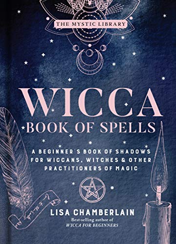 Book cover for “Wicca Book of Spells” with feather, candle, and pentacle.
