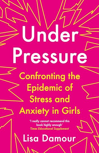 Book cover with white and yellow text on a bright pink background with jagged lines.
