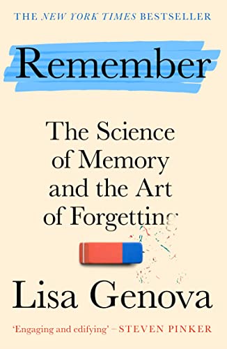 Book cover for Remember by Lisa Genova featuring a red and blue eraser.