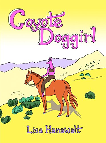 Cartoon illustration of a coyote-headed figure riding a horse in a desert.