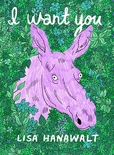 Purple moose head illustration amidst green foliage, book cover titled “I Want You”.