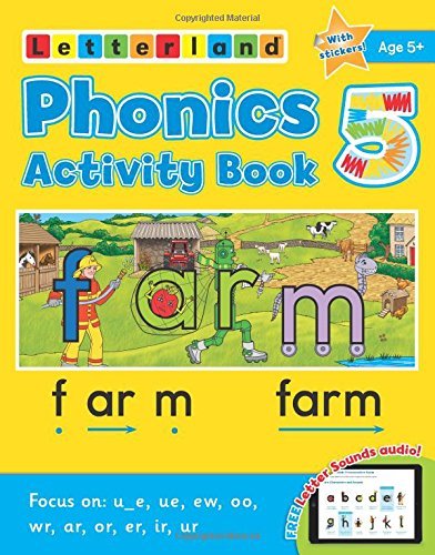 Phonics Activity Book 5" cover with colorful farm scene and large letters.