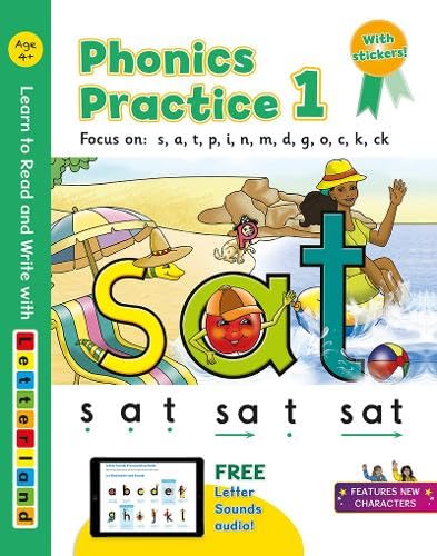 Phonics Practice 1" book cover with large letters "S" and "a" on a beach scene.