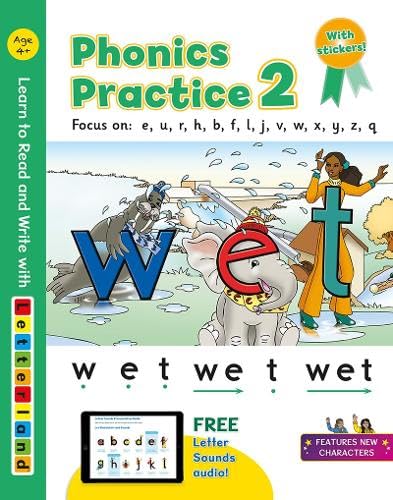 Phonics Practice 2" workbook cover with large letter blocks and animal illustrations.