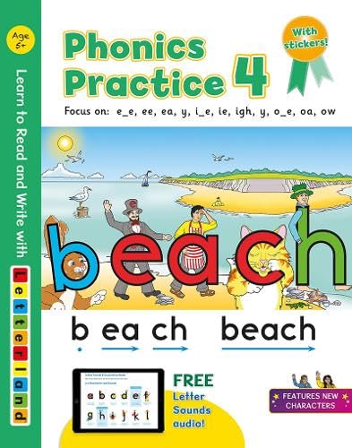 Phonics Practice 4" book cover with beach scene and large letter examples.