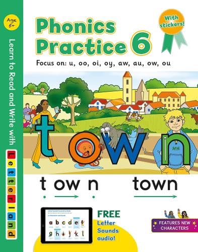Phonics Practice 6" book cover with large letters and illustrated characters.