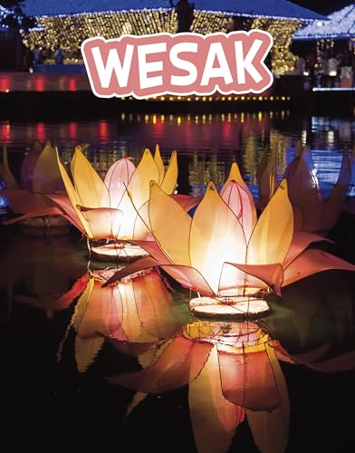 Glowing lotus-shaped lanterns float on dark water with the word WESAK overlaid above.