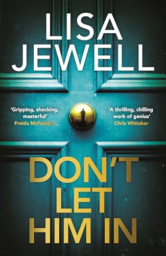 Book cover featuring a teal door with a gold peephole reflecting a silhouette.