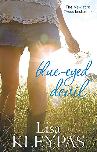 Book cover: woman in denim shorts, field, sun, and title "Blue-Eyed Devil.