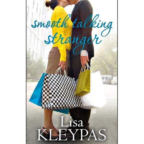 Book cover: couple kissing, holding shopping bags, city background.