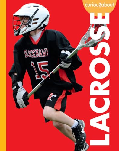 Lacrosse player with helmet and stick on a red background.