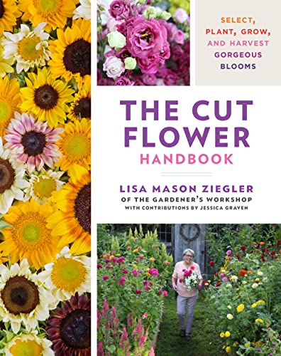 Book cover featuring sunflowers, pink blooms, and a woman inC holding flowersS flowers in gardens.