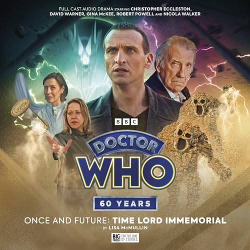 Doctor Who audio drama cover featuring Christopher Eccleston and cast members with sandy monsters.