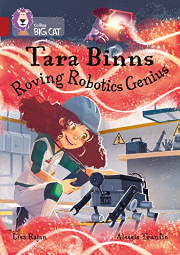 Girl with red hair works on a small, black robot in a workshop.