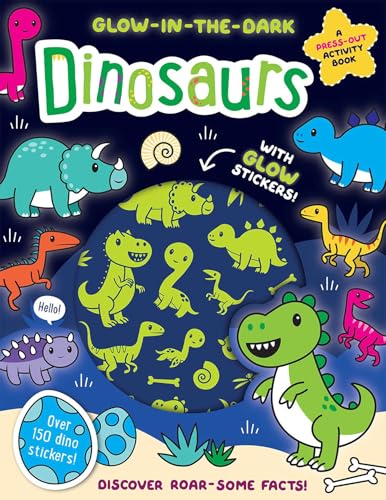 Children’s activity book cover featuring colorful glow-in-the-dark dinosaur illustrations.