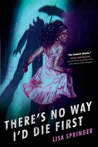 Book cover: woman running from a shadowy figure, pink dress, dark background.