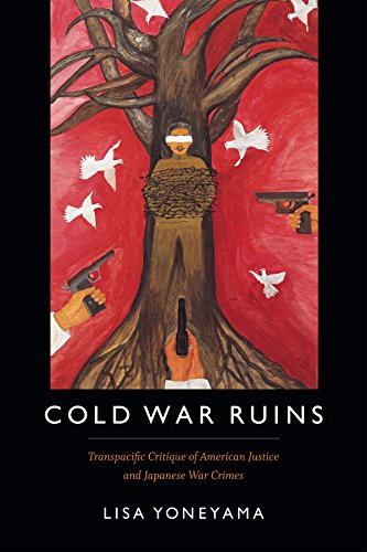 Book cover: red background, tree with blindfolded figure, guns, and doves.