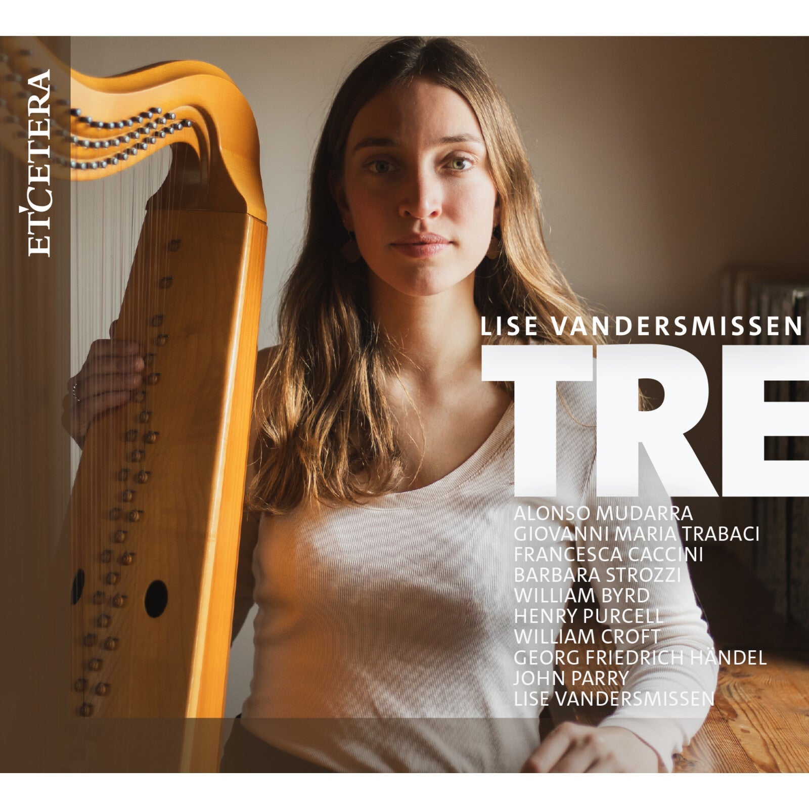 Album cover featuring Lise Vandersmissen standing next to a wooden harp.