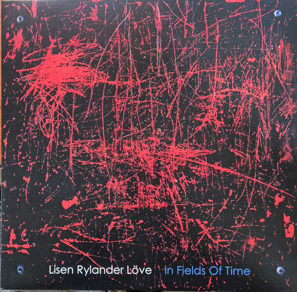 Vinyl record cover with abstract red splatters on a black background.