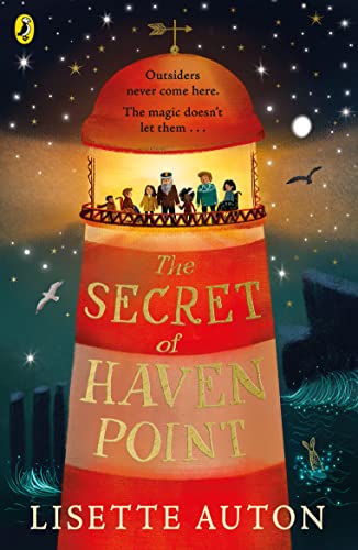 Book cover: red lighthouse with silhouetted children, starry night sky.