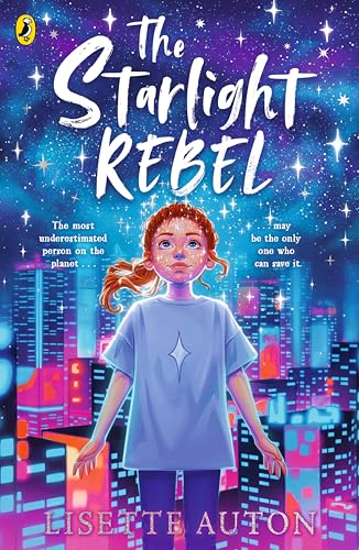Book cover: young girl with red hair, city skyline, starry background.