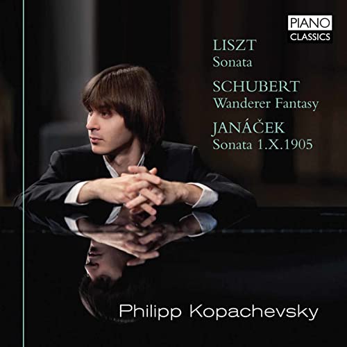 CD cover featuring Philipp Kopachevsky seated, with titles of works by Liszt, Schubert, Janacek.