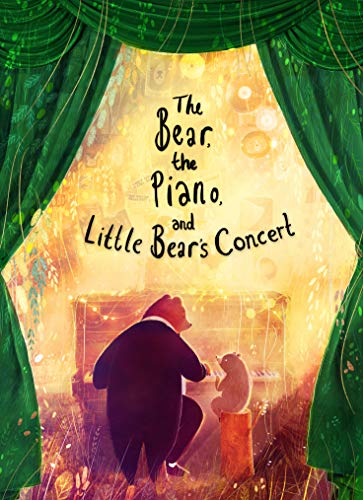 Bears playing piano on stage framed by green curtains, warm lighting.