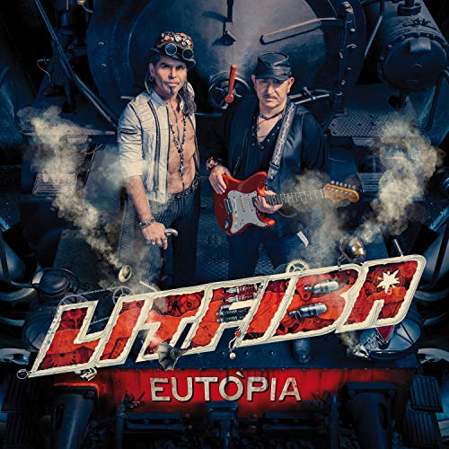 Litfiba album cover: two musicians with a train and steam effects.
