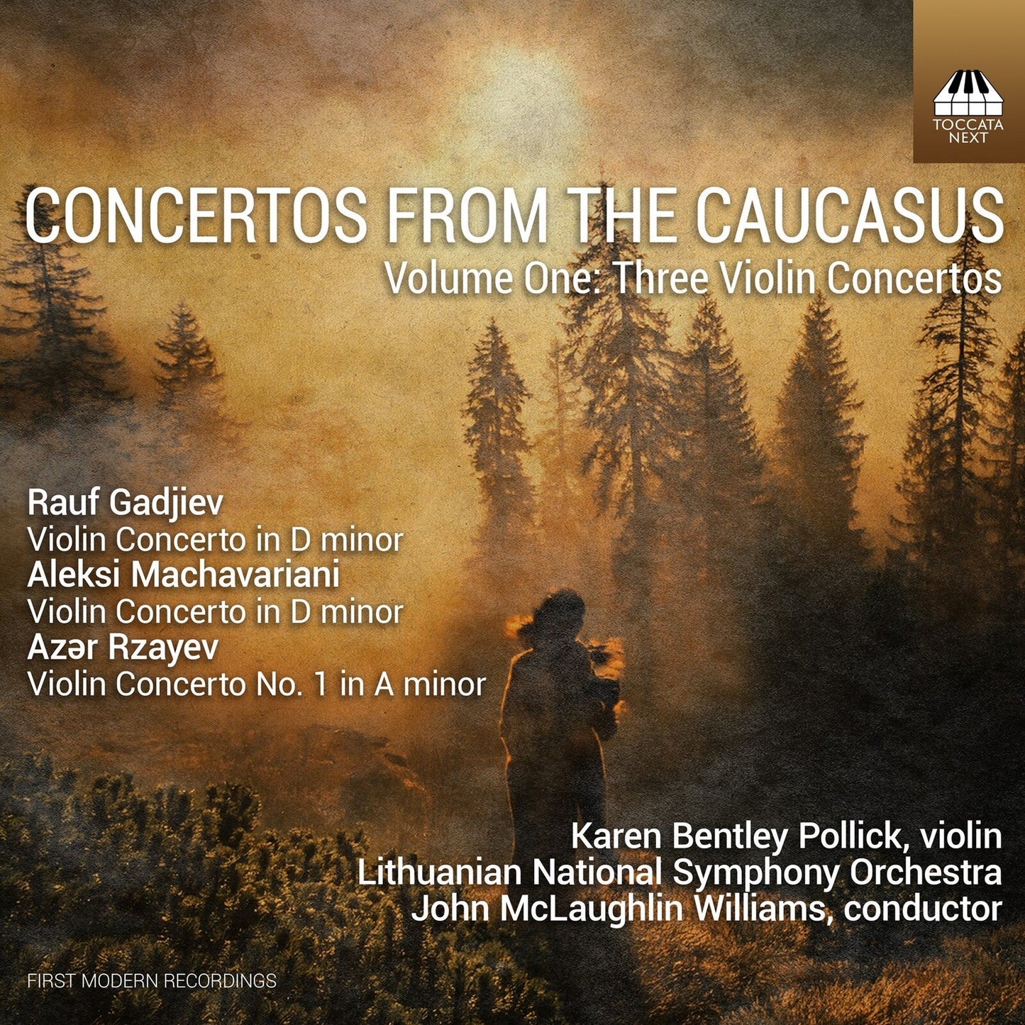 CD cover showing a silhouette in a misty forest with text listing concertos and artists.