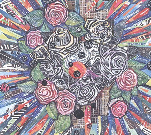 The image depicts a vinyl record cover featuring a vibrant floral design. Alt text: Colorful vinyl record cover with stylized roses and abstract background patterns.