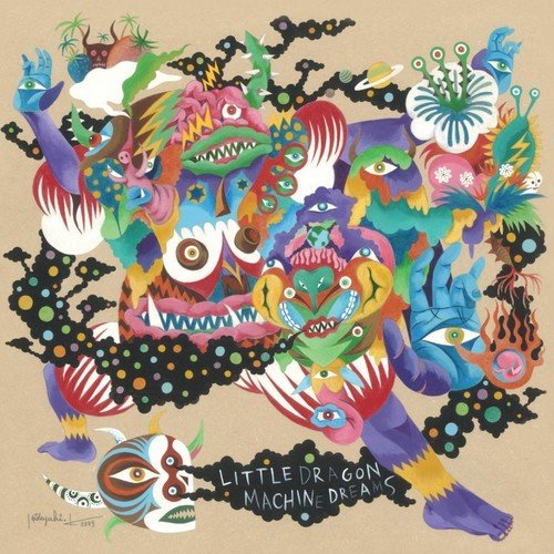 Colorful, surreal painting of faces, eyes, and hands for Little Dragon’s album cover.