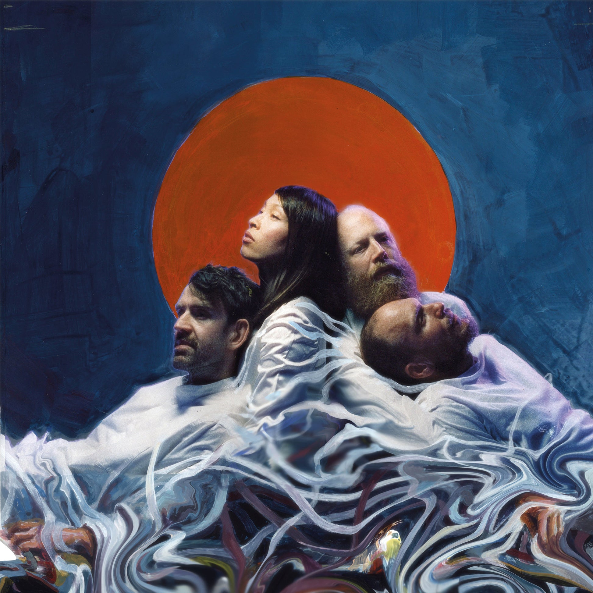Painted album cover featuring four people and a large red circle.