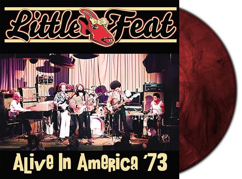 Little Feat album cover “Alive In America ‘73” with red marbled vinyl record.