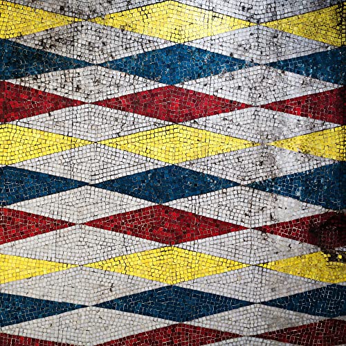 Mosaic pattern of red, yellow, blue, and white diamond shapes.