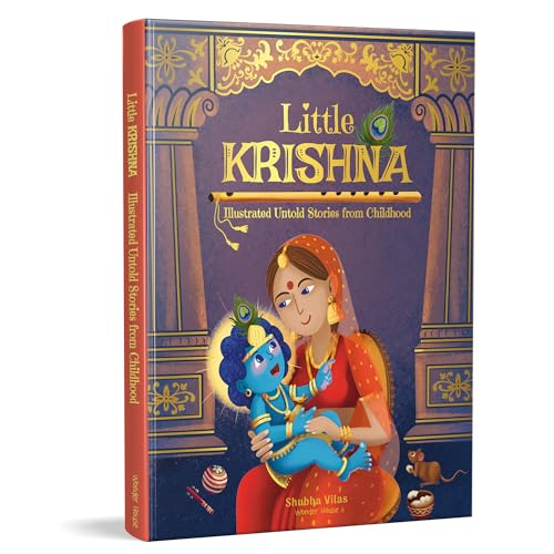 Book cover illustration showing a woman holding baby Krishna against a purple architectural background.