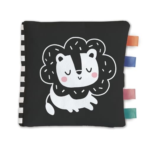 Black and white soft baby book featuring a cute lion illustration with colorful tags.