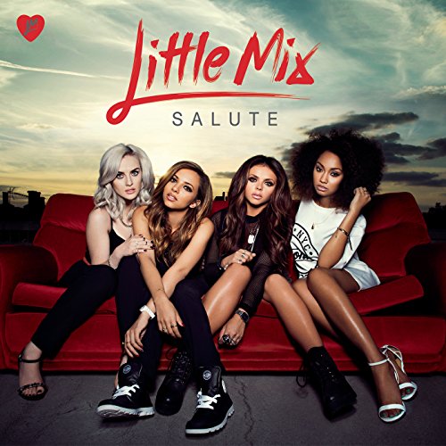 Little Mix album cover, four women sitting on a red couch.