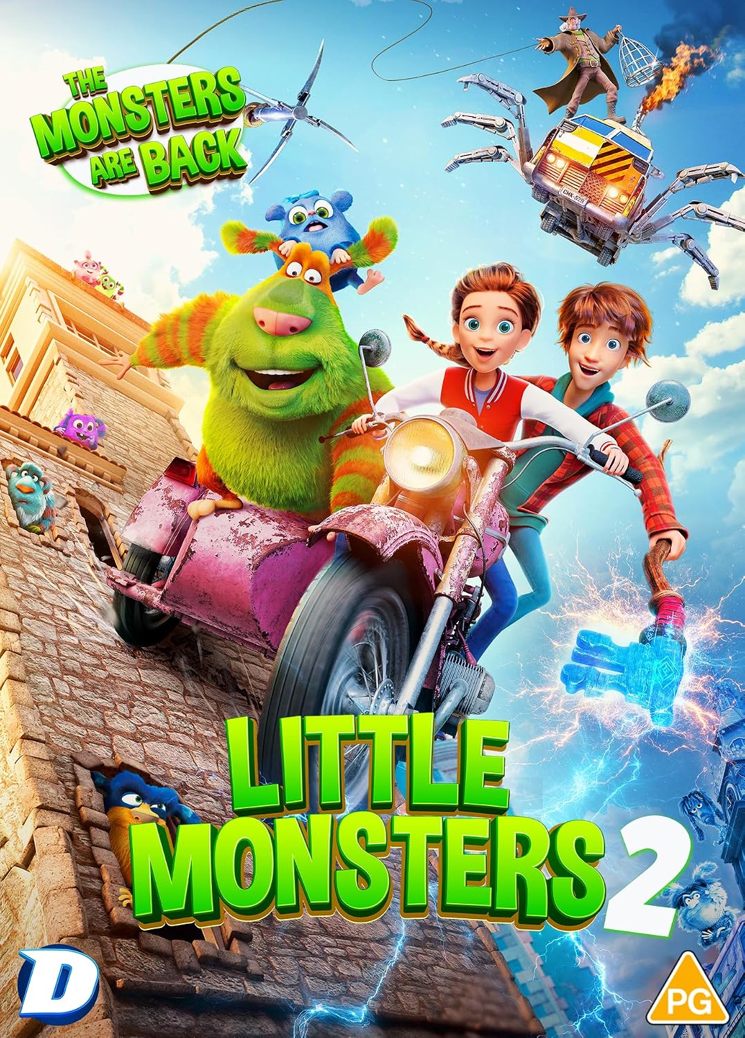 Animated movie poster featuring children and colorful, quirky monsters.