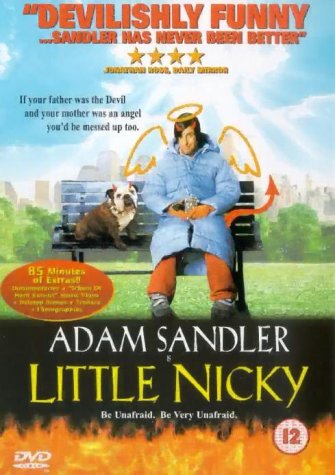 Adam Sandler sits on a park bench with a bulldog on the Little Nicky DVD.