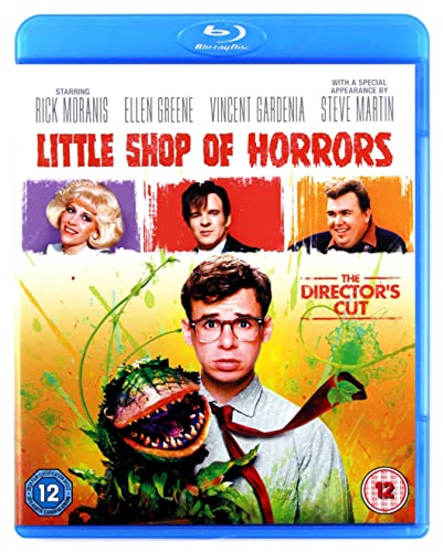 Little Shop of Horrors" Blu-ray cover featuring actors and a carnivorous plant.