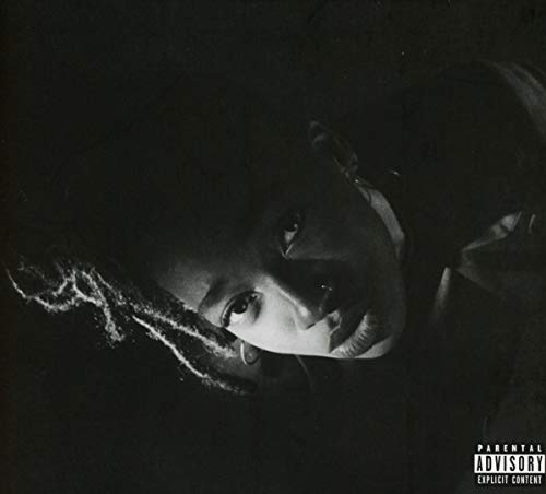 "Black and white album cover featuring a woman with dreadlocks and a parental advisory logo."